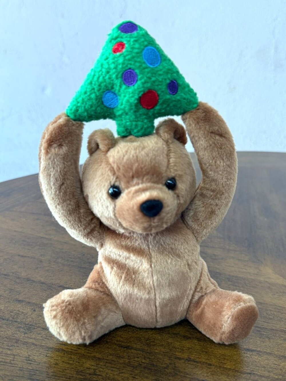 Vintage Bear Holding Christmas Tree Plush Stuffed Animal 7" Super Cute